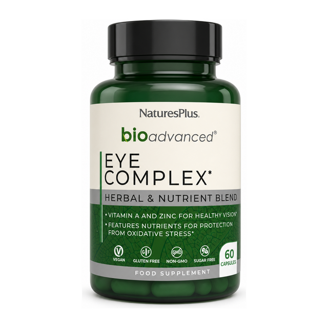 Natures Plus BioAdvanced Eye Complex Capsules by NaturesPlus Natural Remedies — front view showing product label and branding, studio product photo on white background