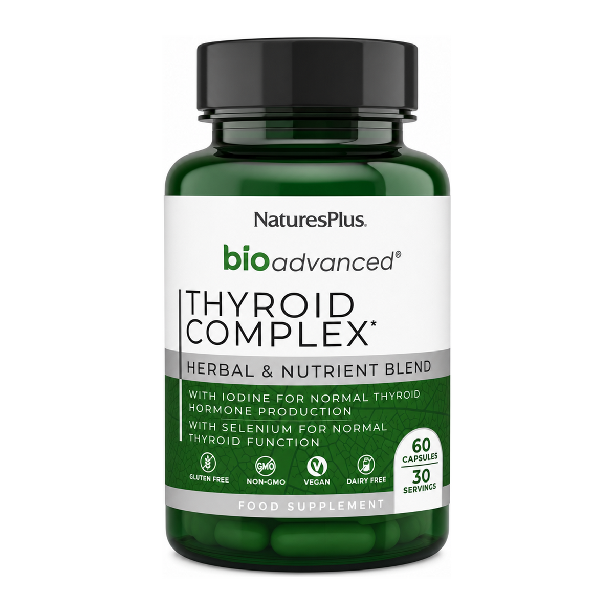Nature's Plus BioAdvanced Thyroid Complex by NaturesPlus Natural Remedies — front view showing product label and branding, studio product photo on white background