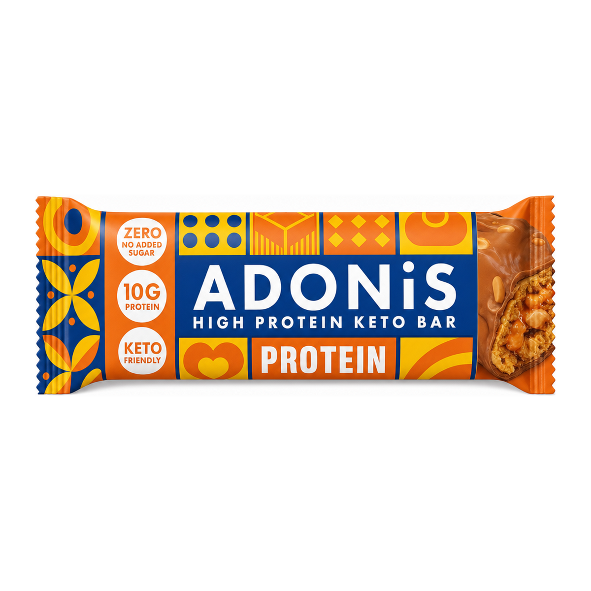 Adonis Caramel Peanut Protein Bar by Adonis Health Food — front view showing product label and branding, studio product photo on white background