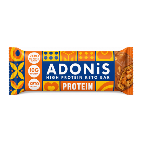 Adonis Caramel Peanut Protein Bar by Adonis Health Food — front view showing product label and branding, studio product photo on white background