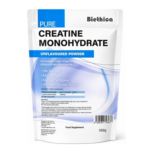 Biethica Pure Creatine Monohydrate Unflavoured Powder by Biethica Natural Remedies — front view showing product label and branding, studio product photo on white background