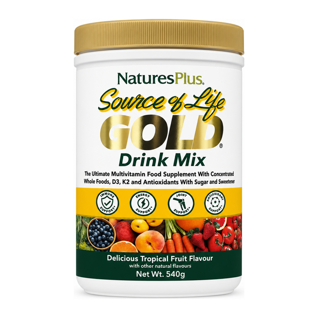 Nature's Plus Source of Life Gold Drink Mix by NaturesPlus Vitamin & Mineral Supplements — front view showing product label and branding, studio product photo on white background