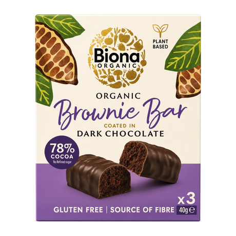 Biona Org Dark Choc Brownie Bar Mult by Biona Organic Health Food — front view showing product label and branding, studio product photo on white background