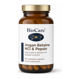 Biocare Vegan Betaine HCL & Pepsin 90 vcaps by BioCare — front view showing product label and branding, studio product photo on white background