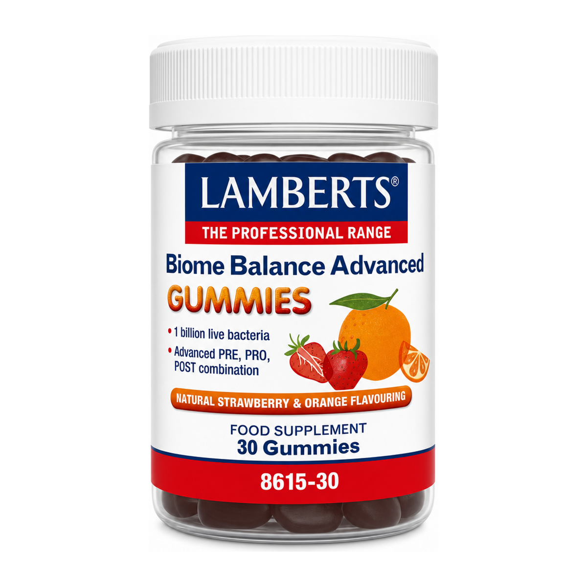 Biome Balance Advanced Gummies by Lamberts Natural Remedies — front view showing product label and branding, studio product photo on white background