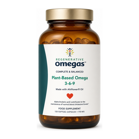 Regenerative Omegas Plant Based Omega 3-6-9 120 sofgels by Regenerative Omegas — front view showing product label and branding, studio product photo on white background