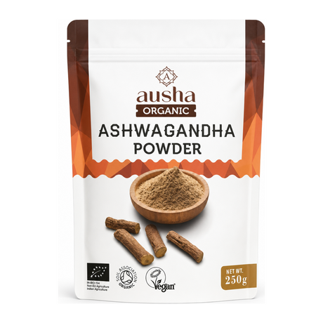AUSHA Organic Ashwagandha Powder by Ausha Health Food — front view showing product label and branding, studio product photo on white background