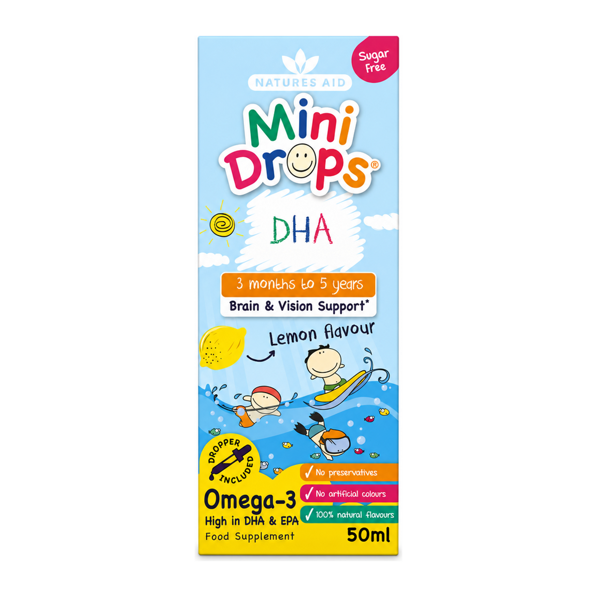 Natures Aid DHA Mini Drops for infants and children by Natures Aid Vitamin & Mineral Supplements — front view showing product label and branding, studio product photo on white background