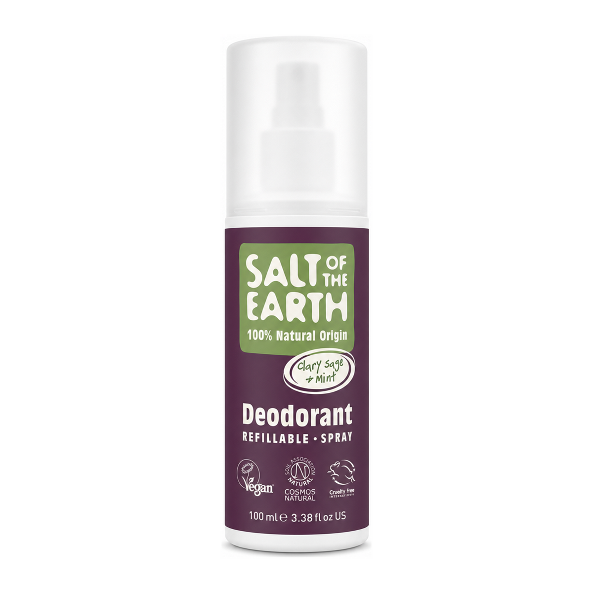 Salt Of the Earth Clary Sage Mint DeoSpray by Salt Of The Earth Personal Care — front view showing product label and branding, studio product photo on white background