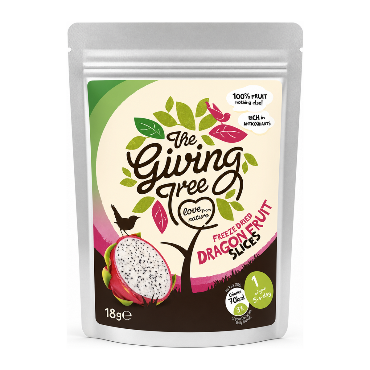 Giving Tree Snacks Freeze Dried Dragon Fruit by The Giving Tree Personal Care — front view showing product label and branding, studio product photo on white background