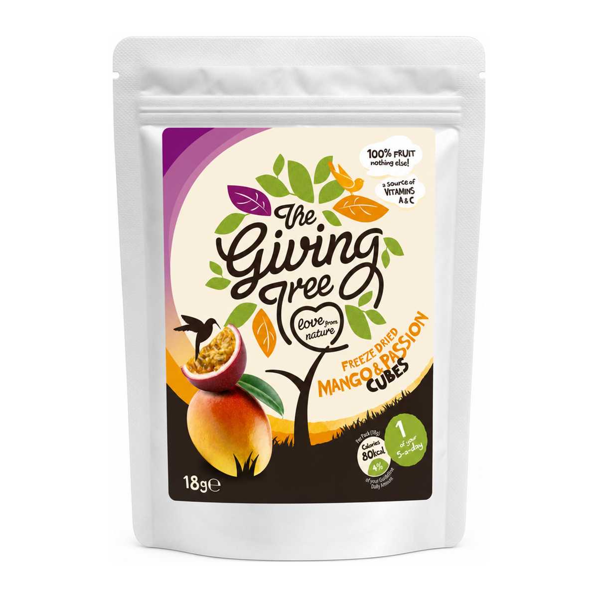 Giving Tree Snacks Mango & Passion Fruit Cubes by The Giving Tree Personal Care — front view showing product label and branding, studio product photo on white background