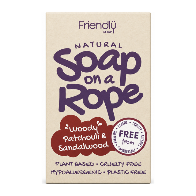 Friendly Soap Patchouli -Soap On A Rope by Friendly Soap Personal Care — front view showing product label and branding, studio product photo on white background