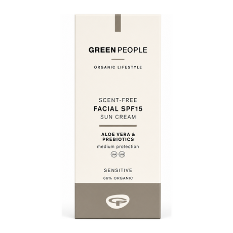 Green People Scent Free Facial SPF15 Sun Cream 50ml by Green People — front view showing product label and branding, studio product photo on white background