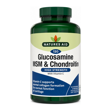 Natures Aid Glucosamine MSM & Chondroitin with Vit C 90 tabs by Natures Aid — front view showing product label and branding, studio product photo on white background