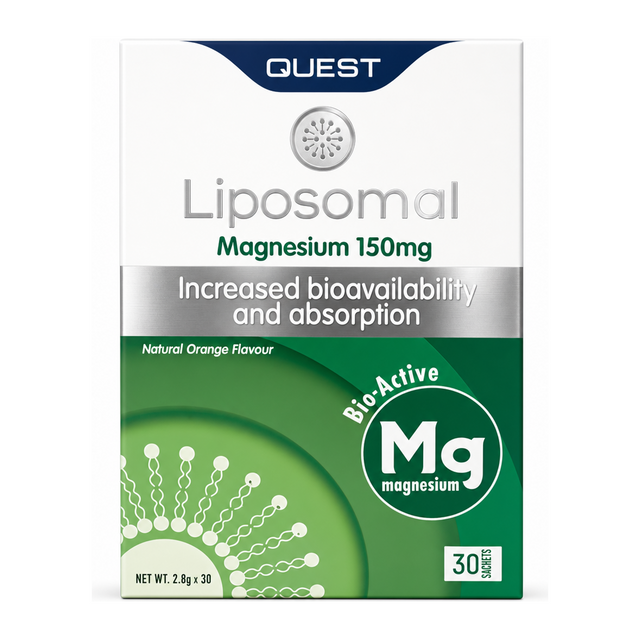 Quest Liposomal Magnesium 150mg 30 sachets by Quest — front view showing product label and branding, studio product photo on white background