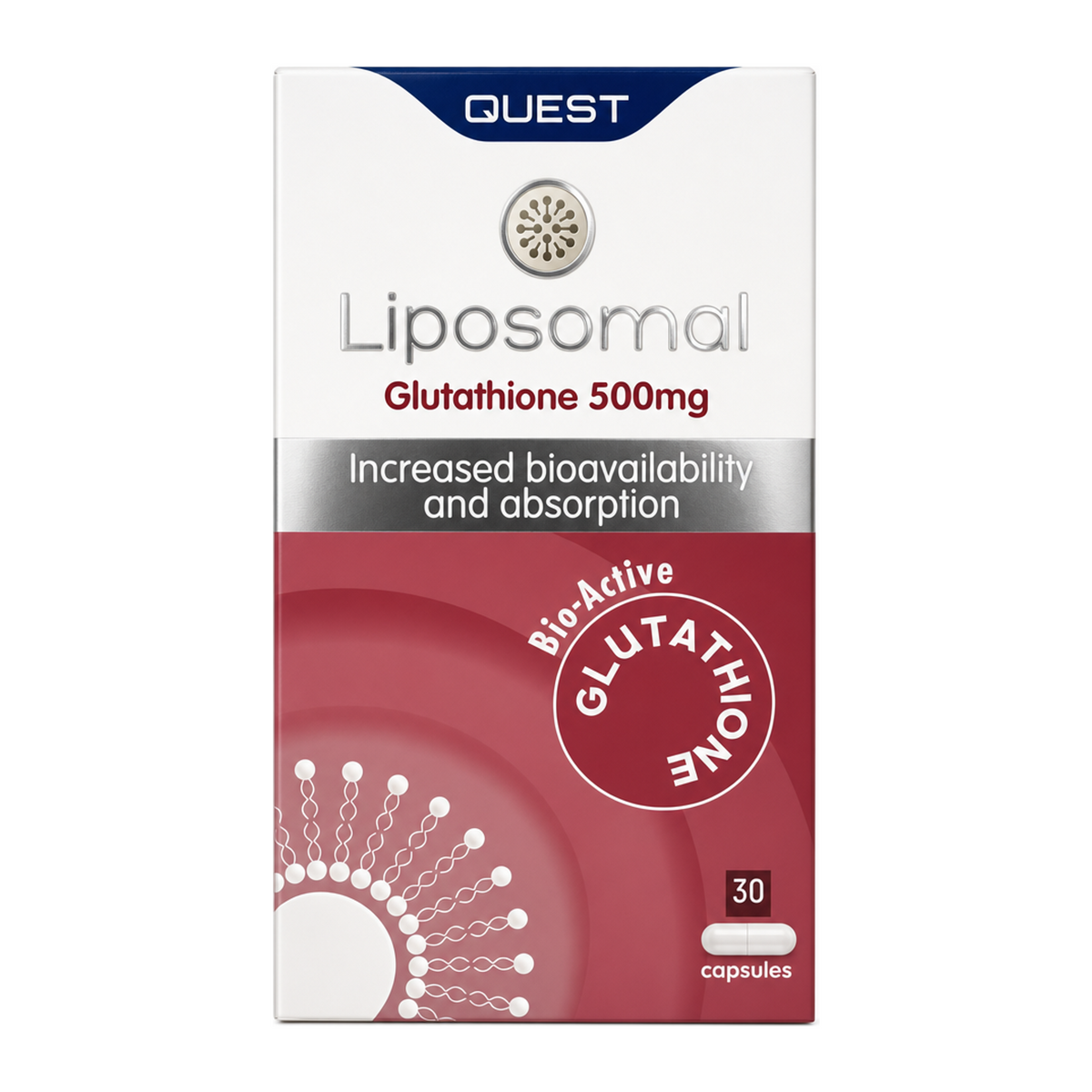 Quest Liposomal Glutathione 500mg 30 caps by Quest — front view showing product label and branding, studio product photo on white background