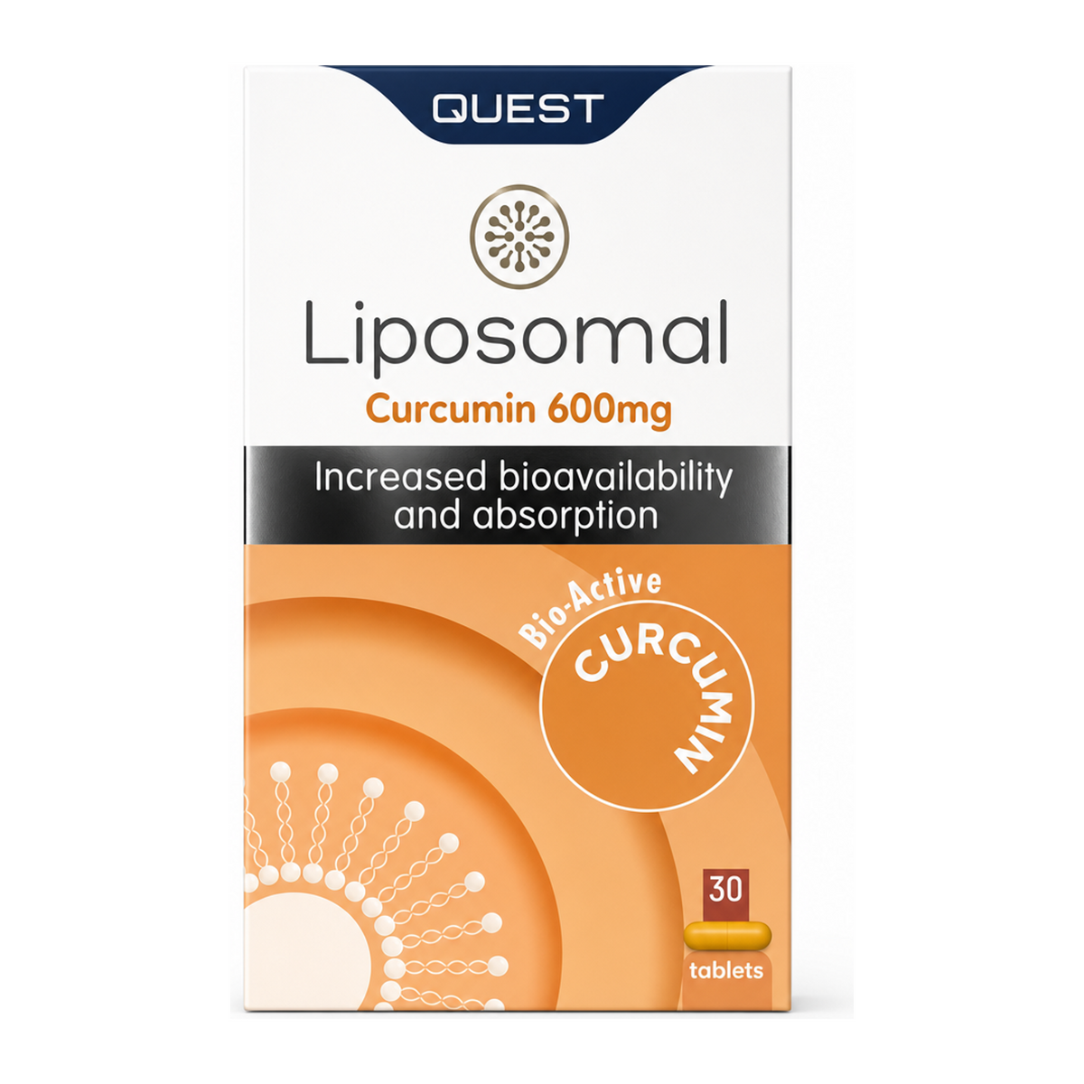 Quest Liposomal Curcumin 600mg 30 tabs by Quest — front view showing product label and branding, studio product photo on white background