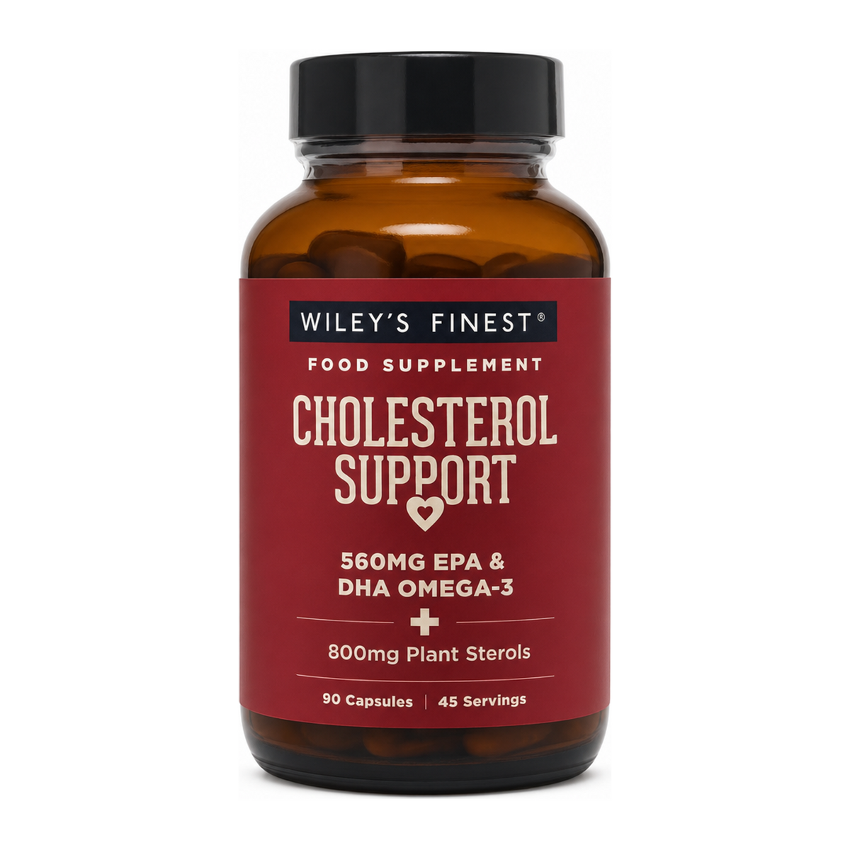 Wiley's Finest UK Cholesterol Support 90 capsules by Wiley's Finest Vitamin & Mineral Supplements — front view showing product label and branding, studio product photo on white background