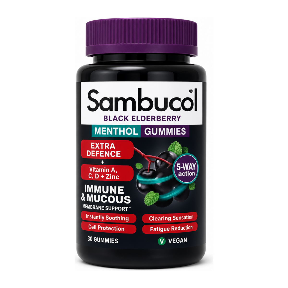 Sambucol Sambucol Menthol Gummies by Sambucol Personal Care — front view showing product label and branding, studio product photo on white background
