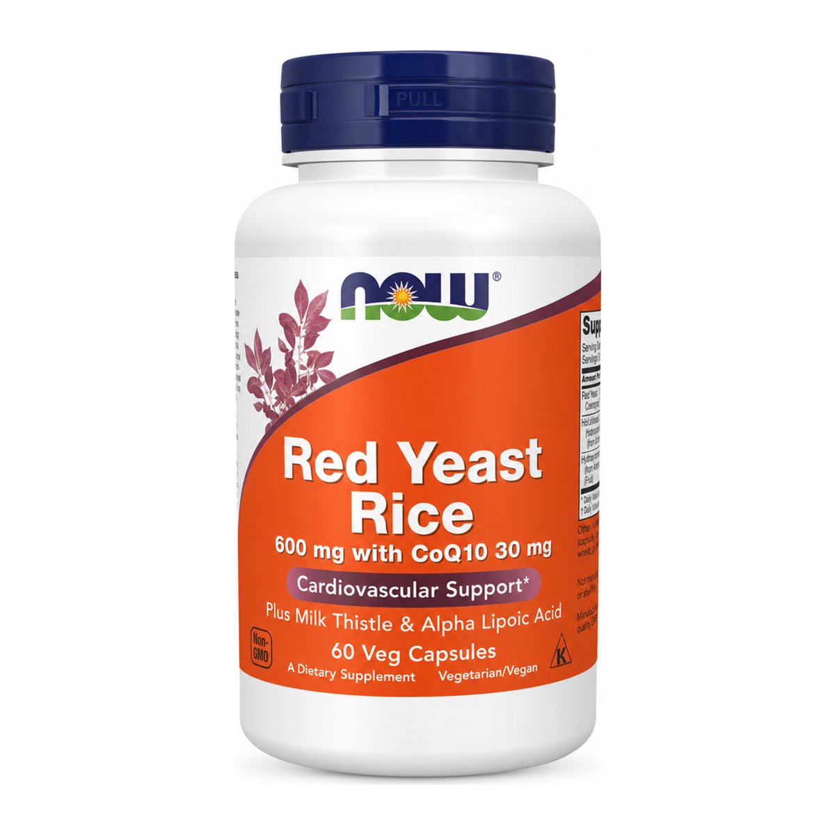 Now Red Yeast Rice 600mg with CoQ10 30mg 60vcaps by Now — front view showing product label and branding, studio product photo on white background