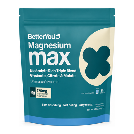BetterYou Magnesium Max Original Powder 126g by BetterYou Vitamin & Mineral Supplements — front view showing product label and branding, studio product photo on white background