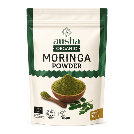 AUSHA Organic Moringa Powder by Ausha Health Food — front view showing product label and branding, studio product photo on white background