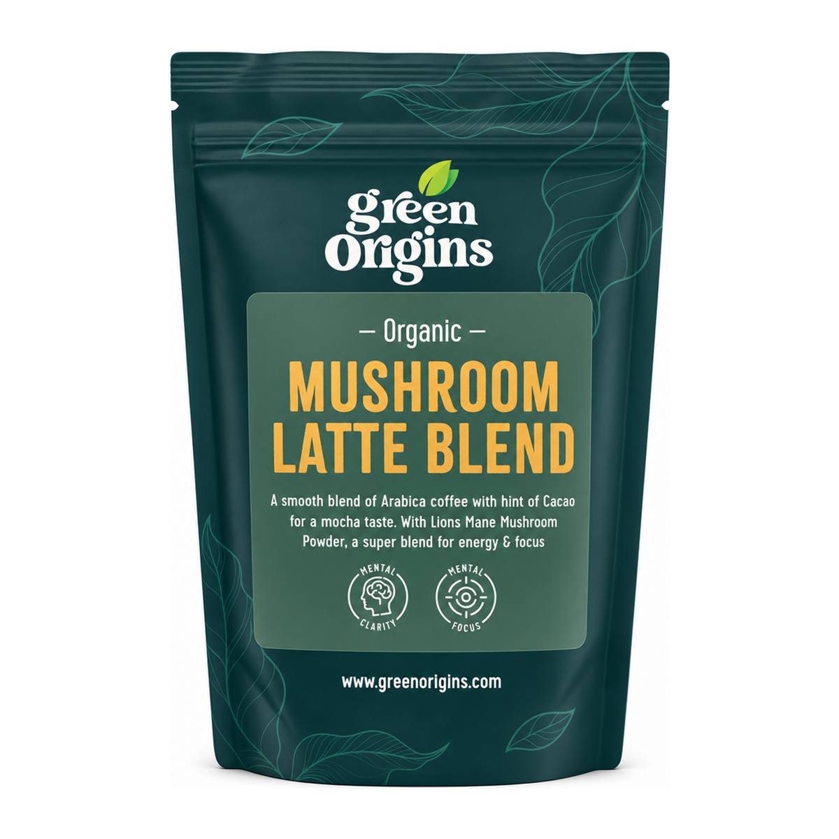 Green Origins Organic Vegan Mushroom Latte Blend by Green Origins Health Food — front view showing product label and branding, studio product photo on white background