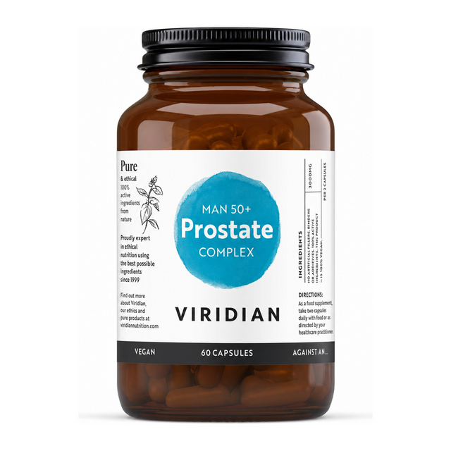 Viridian Man 50+ Prostate Complex 60 caps by Viridian Natural Remedies — front view showing product label and branding, studio product photo on white background
