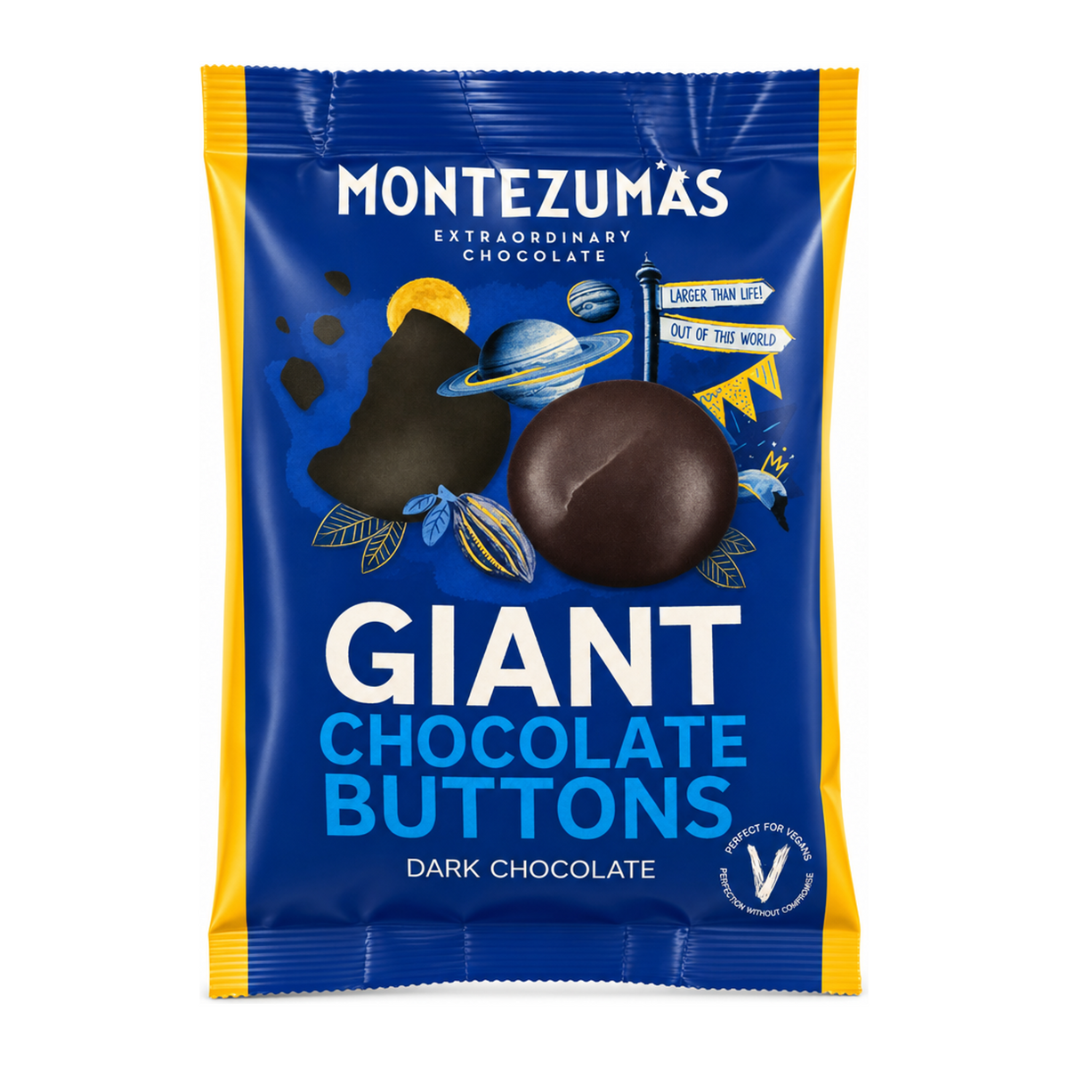 Montezumas Chocolate Giant Dark Chocolate Buttons by Montezumas Personal Care — front view showing product label and branding, studio product photo on white background