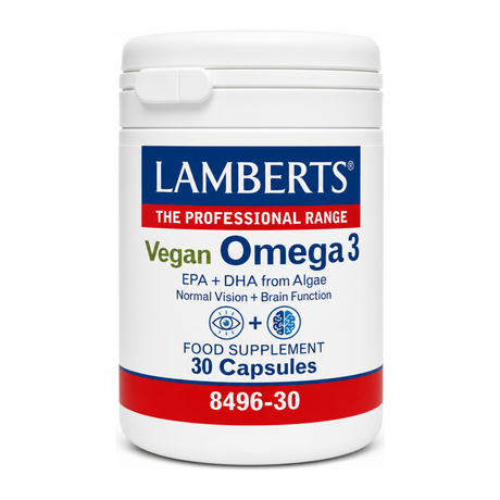 Lamberts Vegan Omega Capsules by Lamberts Natural Remedies — front view showing product label and branding, studio product photo on white background