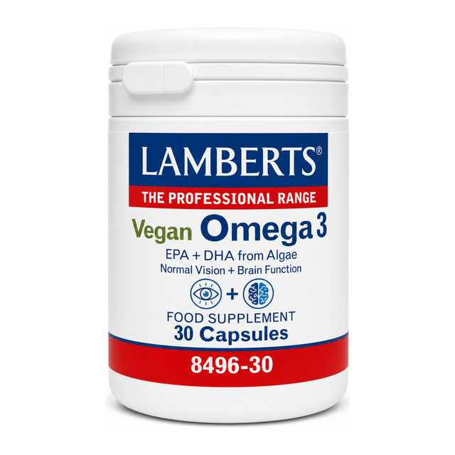 Lamberts Vegan Omega Capsules by Lamberts Natural Remedies — front view showing product label and branding, studio product photo on white background