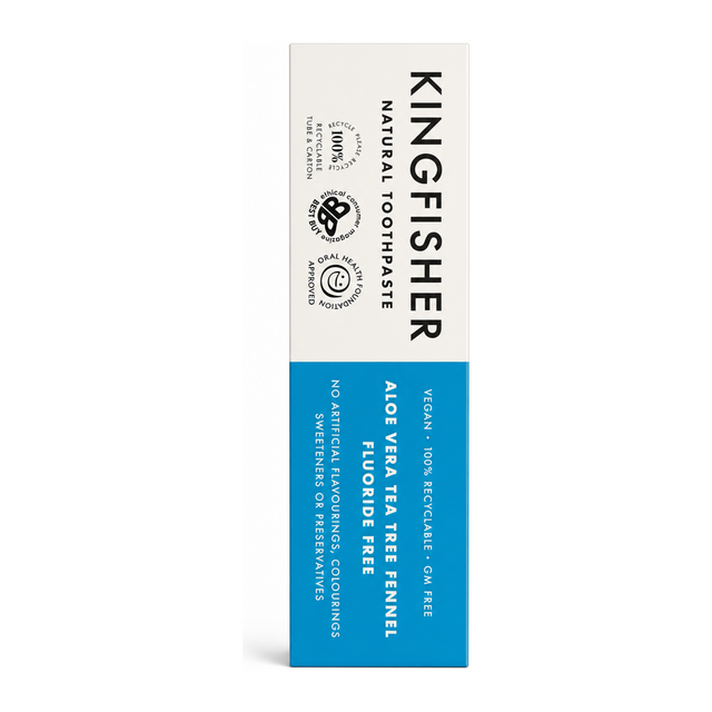 Kingfisher Aloe Vera Tea Tree Fennel Fluoride Free Toothpaste by Kingfisher Natural Beauty — front view showing product label and branding, studio product photo on white background