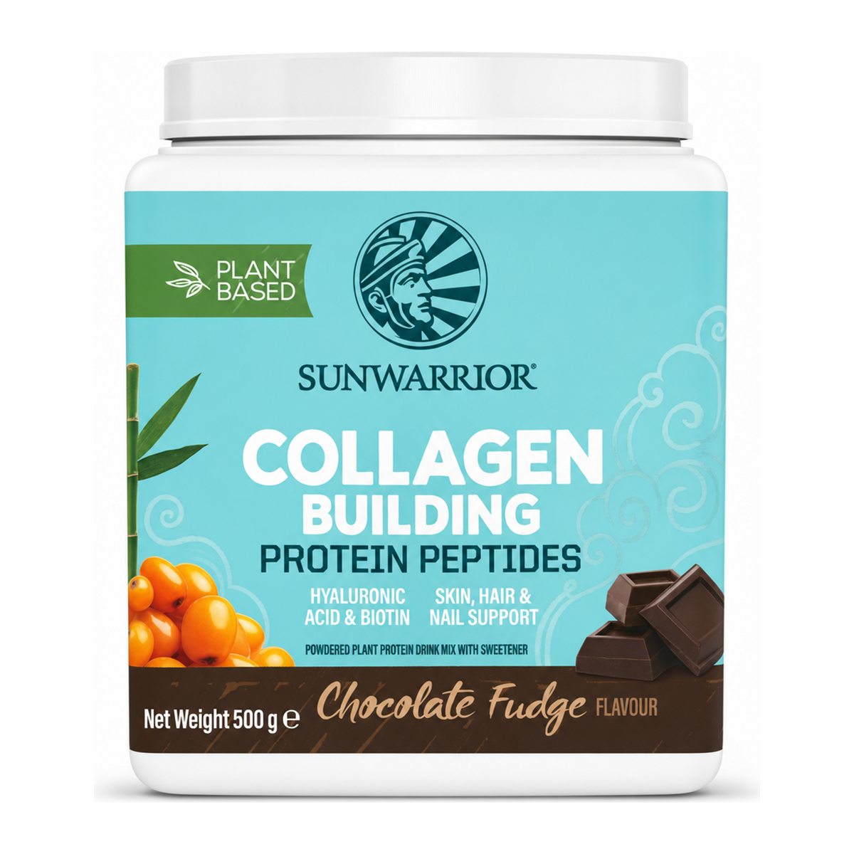 Sunwarrior Collagen Building Protein Peptides Chocolate Fudge by Sunwarrior Vitamin & Mineral Supplements — front view showing product label and branding, studio product photo on white background