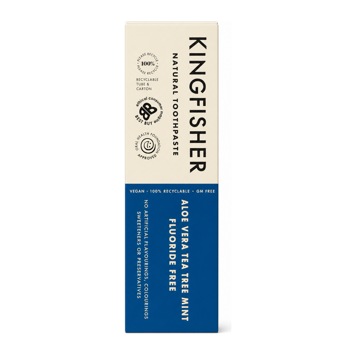 Kingfisher Aloe Vera Tea Tree Mint Fluoride Free Toothpaste by Kingfisher Natural Beauty — front view showing product label and branding, studio product photo on white background