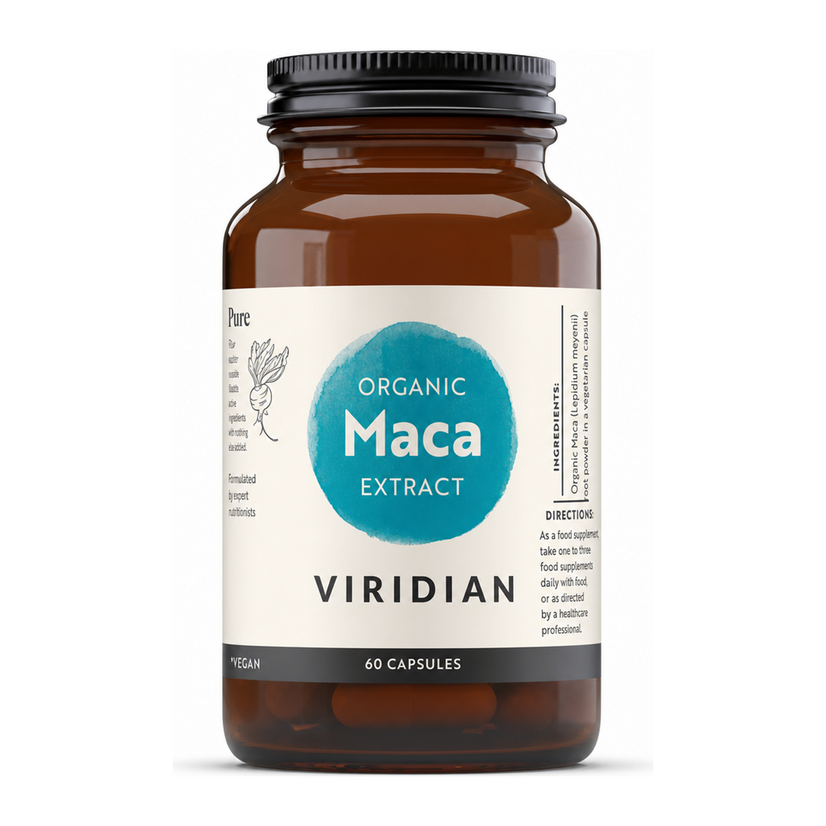 Viridian Organic Maca Extract 60 caps by Viridian Natural Remedies — front view showing product label and branding, studio product photo on white background