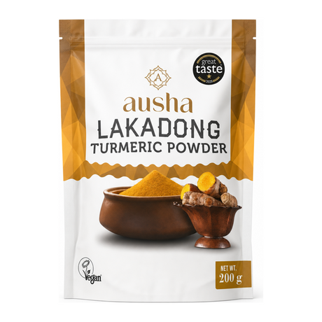 AUSHA Lakadong Turmeric Powder by Ausha Health Food — front view showing product label and branding, studio product photo on white background