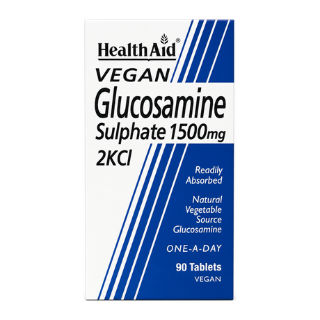 HealthAid Vegan Glucosamine Sulphate 1500mg 90 tabs by HealthAid Natural Remedies — front view showing product label and branding, studio product photo on white background