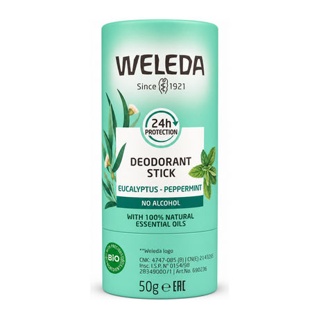 Weleda Eucalyptus & Peppermint Solid Deodorant by Weleda Personal Care — front view showing product label and branding, studio product photo on white background