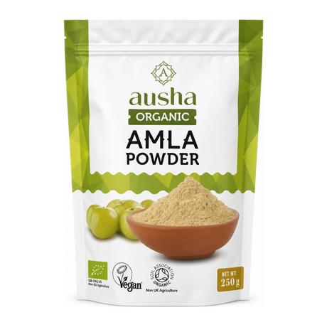 AUSHA Organic Amla Powder by Ausha Health Food — front view showing product label and branding, studio product photo on white background