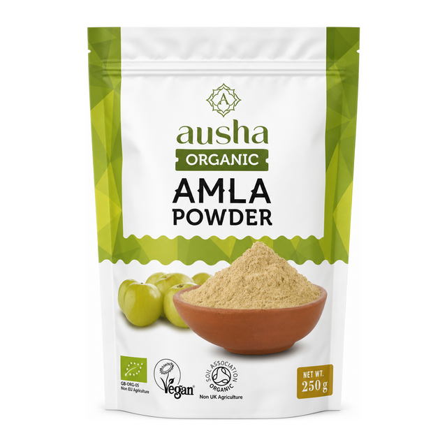 AUSHA Organic Amla Powder by Ausha Health Food — front view showing product label and branding, studio product photo on white background