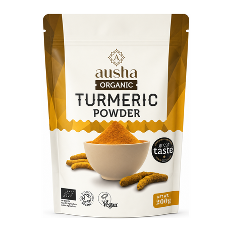 AUSHA Organic Turmeric Powder by Ausha Health Food — front view showing product label and branding, studio product photo on white background