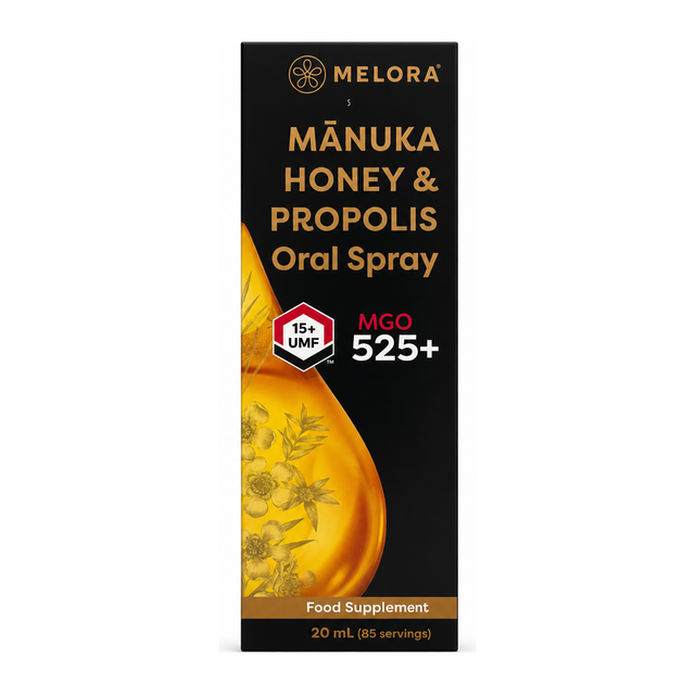 Melora Manuka Honey & Propolis Throat Spray by Melora Natural Remedies — front view showing product label and branding, studio product photo on white background