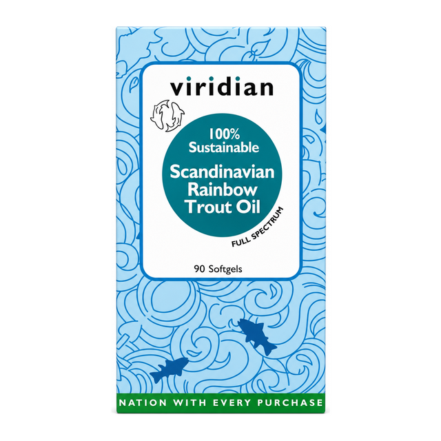 Viridian Sust. Scandinavian Rainbow Trout Oil by Viridian Natural Remedies — front view showing product label and branding, studio product photo on white background