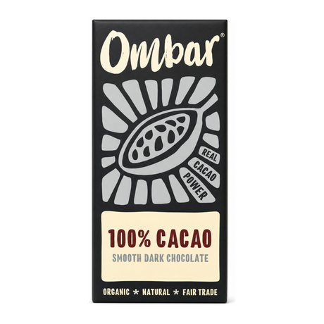 Ombar 100% Cacao Organic Vegan Dark Chocolate by Ombar Health Food — front view showing product label and branding, studio product photo on white background