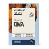 Mushroom For Life Organic Chaga powder 60g by Mushrooms For Life Natural Remedies — front view showing product label and branding, studio product photo on white background