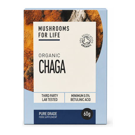 Mushroom For Life Organic Chaga powder 60g by Mushrooms For Life Natural Remedies — front view showing product label and branding, studio product photo on white background