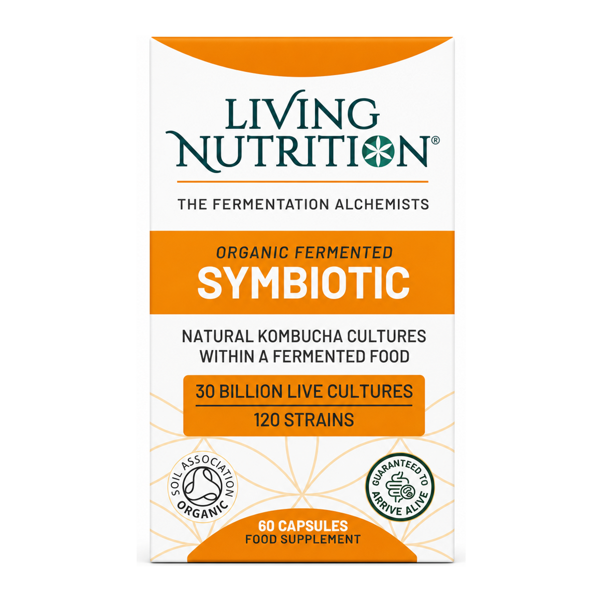 Living Nutrition Organic Fermented Symbiotic Capsules by Living Nutrition Natural Remedies — front view showing product label and branding, studio product photo on white background