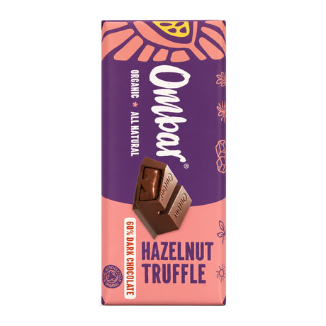 Ombar Hazelnut Truffle Filled Chocolate Bar by Ombar Health Food — front view showing product label and branding, studio product photo on white background