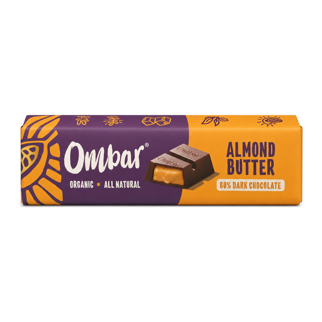 Ombar Almond Butter Filled Chocolate Bar by Ombar Food & Drinks — front view showing product label and branding, studio product photo on white background
