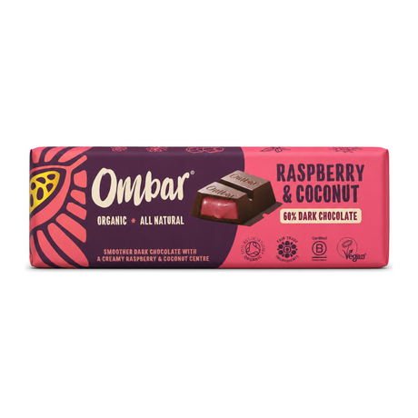 Ombar Coco Raspberry Filled Chocolate Bar by Ombar Personal Care — front view showing product label and branding, studio product photo on white background